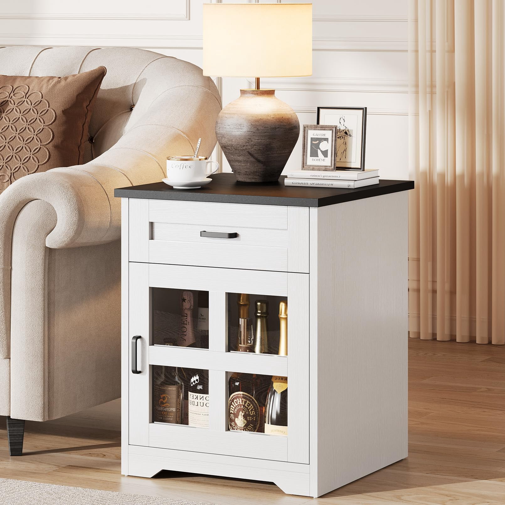 Vividwood Farmhouse End Table with Drawer and Storage Cabinet, 18" Large Side Table Nightstand with Acrylic Door for Living Room, White