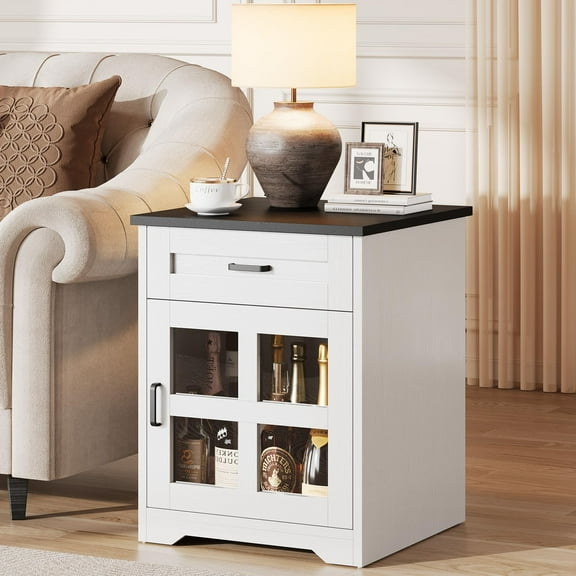 Vividwood Farmhouse End Table with Drawer and Storage Cabinet, 18" Large Side Table Nightstand with Acrylic Door for Living Room, White