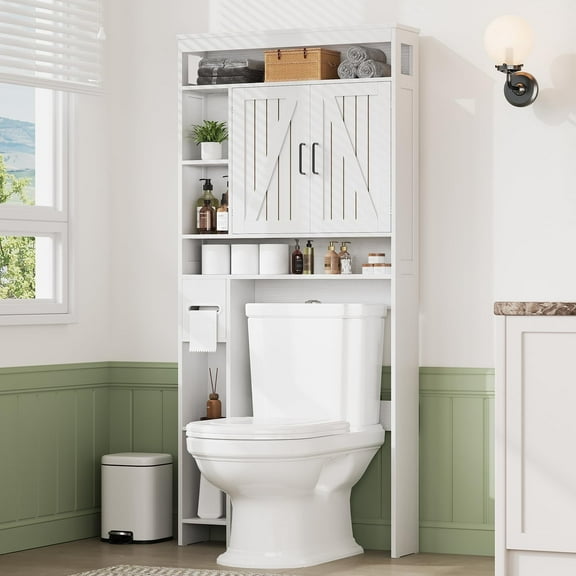 Vividwood Farmhouse Over The Toilet Storage Cabinet with 6 Shelves, 2 Barn Door, Toilet Paper Holder Stand for Bathroom (White）
