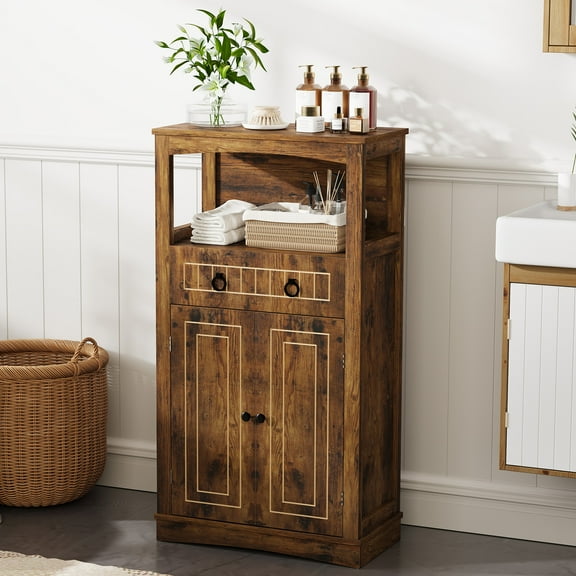 Vividwood Farmhouse Storage Cabinets with Doors and Shelves, Kitchen Pantry Storage Cabinet, Floor Storage Cabinet Hutch Cupboard for Kitchen/Bathroom/Living Room/Entryway, Brown