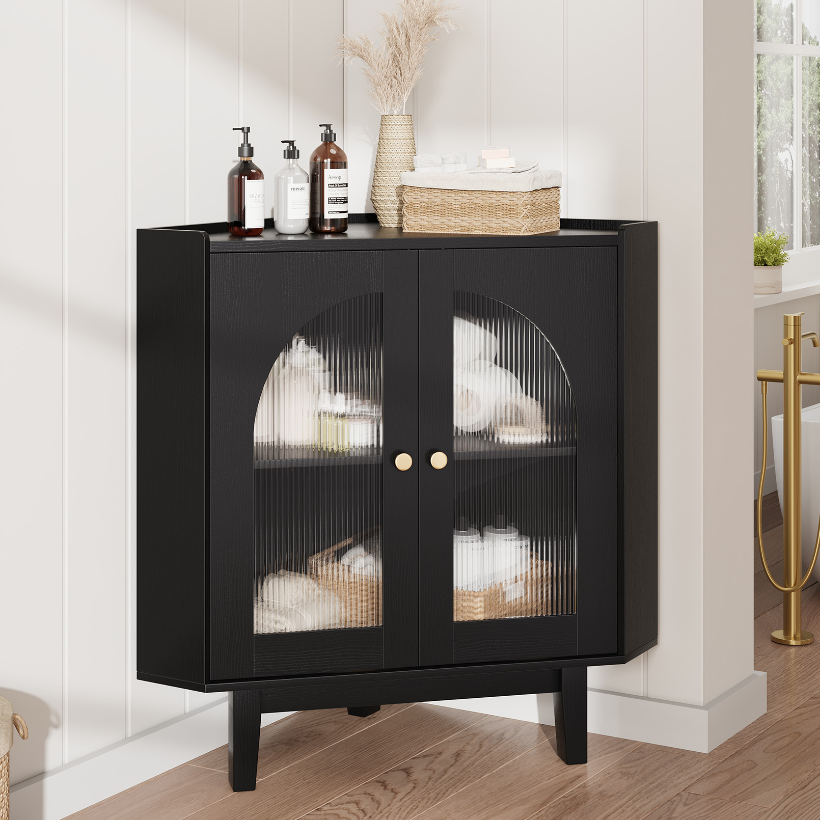 Vividwood Floor Corner Cabinet with Doors and Shelves, Fluted Storage Cabinet Freestanding Corner Cabinet for Bathroom, Kitchen, Living Room, Black