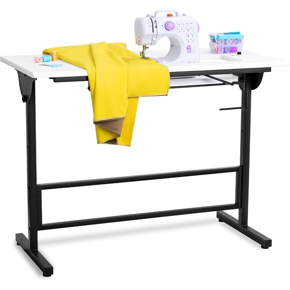 Vividwood Folding Sewing Table, Multipurpose Sewing Machine Table with Adjustable Shelf, Measuring Scale Marks (Warm White)