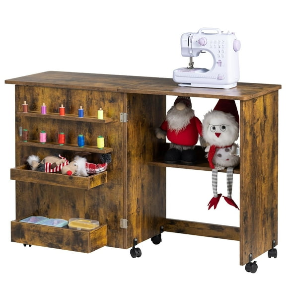 Vividwood Folding Sewing Table, Multipurpose Sewing Machine Table with Compact Design, Wheels, Shelves, Bins, Pegs, Magnetic Locks (Rustic-Brown)