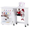 thumbnail image 1 of Vividwood Folding Sewing Table, Multipurpose Sewing Machine Table with Compact Design, Wheels, Shelves, Bins, Pegs, Magnetic Locks (White), 1 of 7