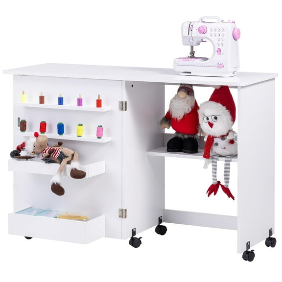 Vividwood Folding Sewing Table, Multipurpose Sewing Machine Table with Compact Design, Wheels, Shelves, Bins, Pegs, Magnetic Locks (White)