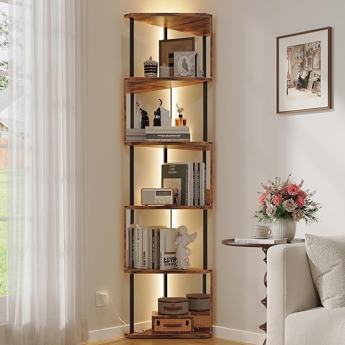 Led Remote Shelf Vividwood Industrial Corner Shelf with LED Lights & Mirrored Panels, 6 ...