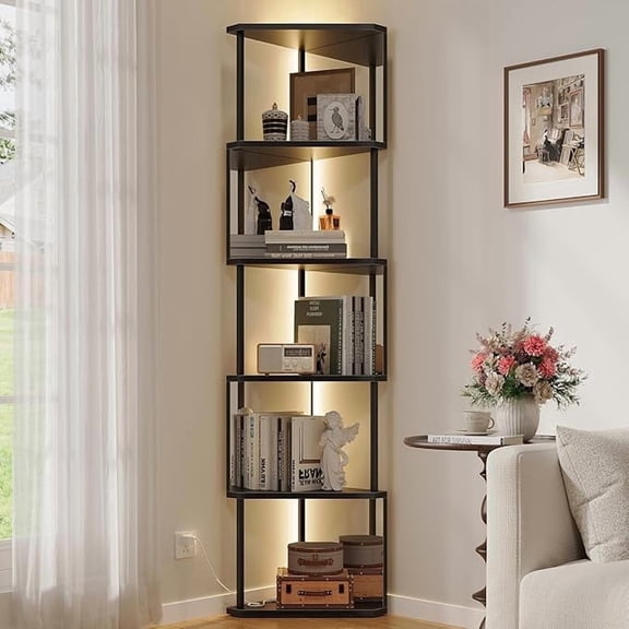 Vividwood 6-Tier Corner Shelf with LED Lights & Mirrored Panels, Modern Corner Bookshelf with Remote Control