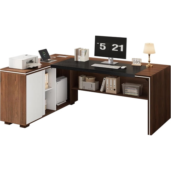 Vividwood L-Shaped Executive Desk with Cabinet Storage, 71" Office Computer Desk with Storage Shelves, CPU Stand, Cable Management (Brown)