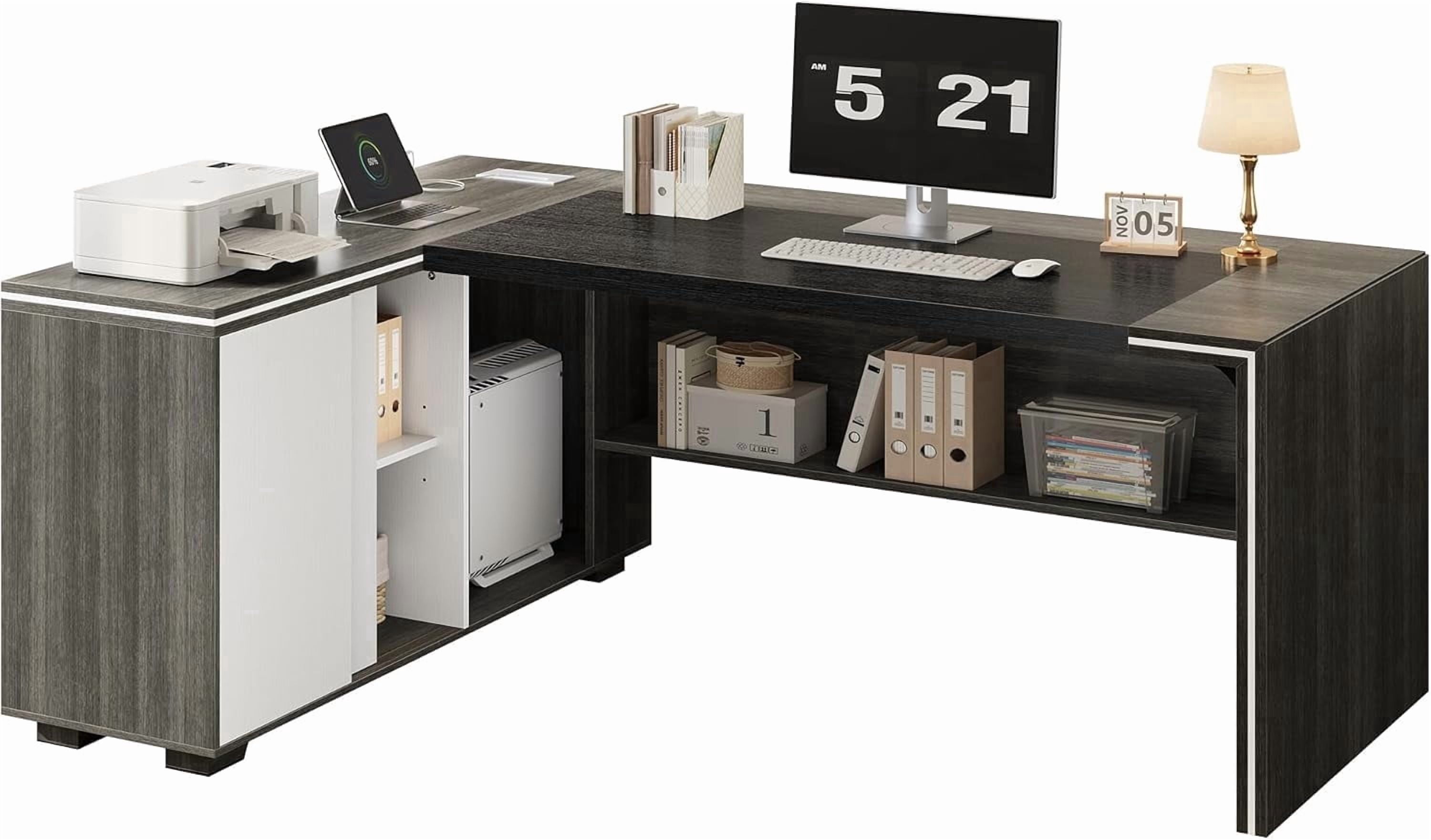Vividwood L-Shaped Executive Desk with Cabinet Storage, 71" Office Computer Desk with Storage Shelves, CPU Stand, Cable Management (Gray)