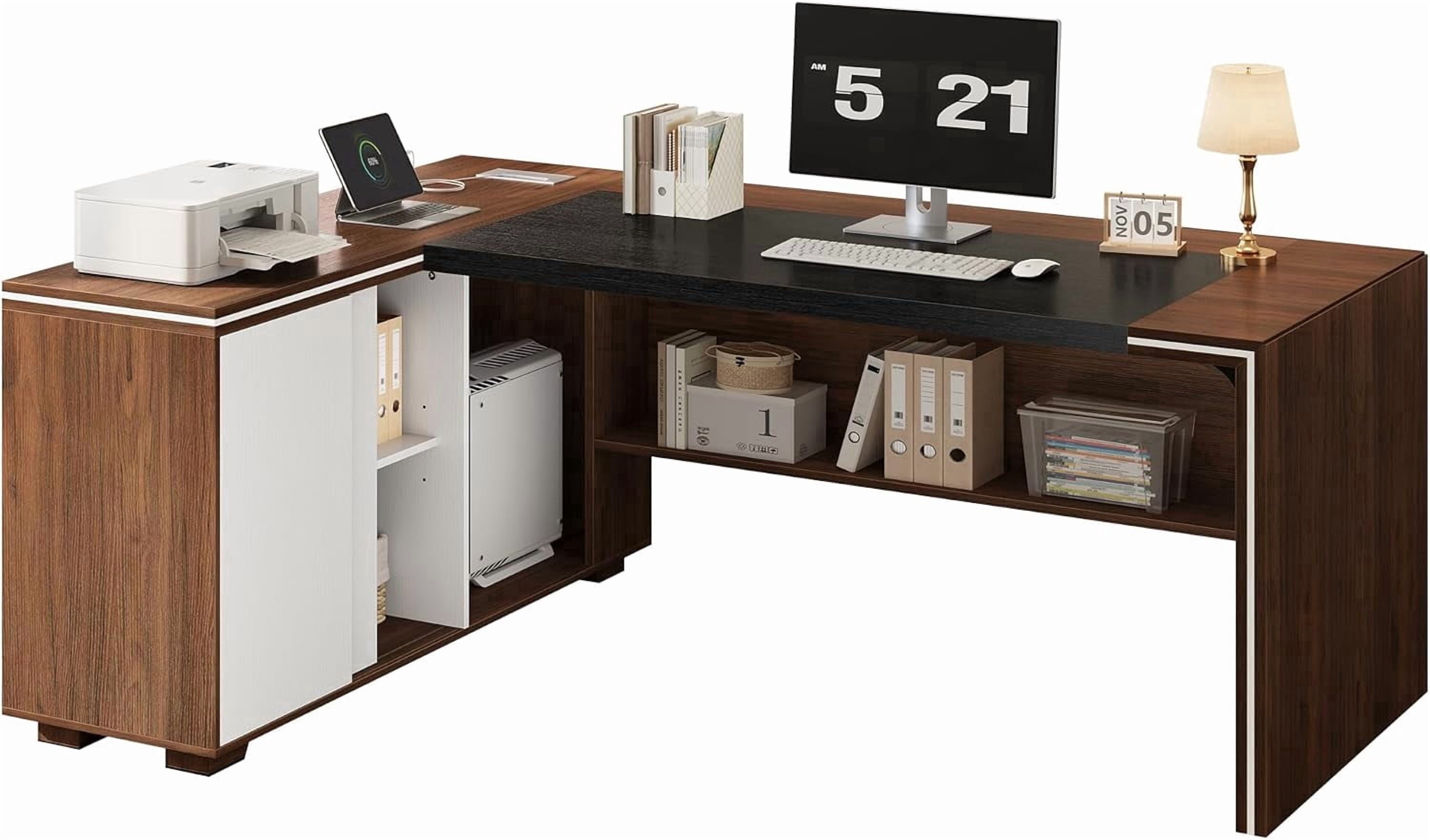 Vividwood L-Shaped Executive Desk with Cabinet Storage, 71" Office Computer Desk with Storage Shelves, CPU Stand, Cable Management (Brown)