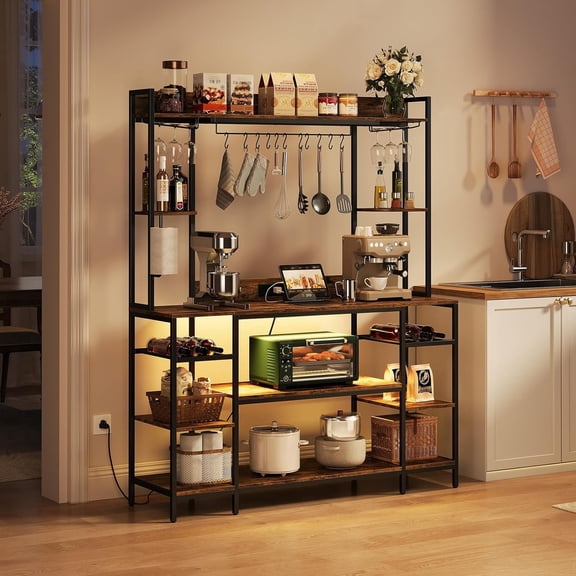 Vividwood Large Bakers Rack with LED Lights & Power Outlet, 55" Wide Microwave Stand with Storage Shelves, 6-Tier Kitchen Racks and Shelves