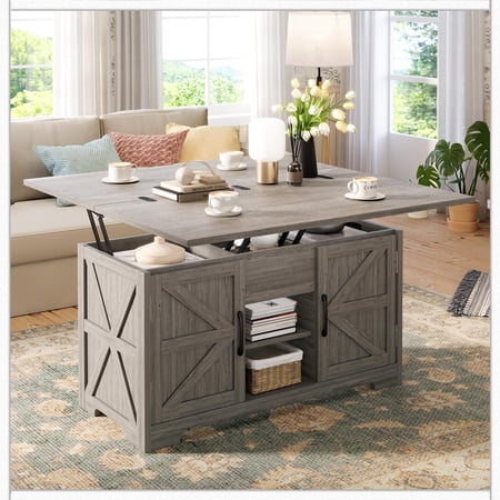 Vividwood Lift Top Coffee Table with Storage, 4 in 1 Multi-Function Convertible Tea Tables with Hidden Compartment, Farmhouse Center Table Converts to Dining Table for Living Room, Grey