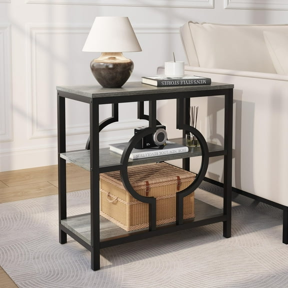 Vividwood Narrow End Table with 3-Tier Storage Shelves, Industrial Wood Sofa Side Table with Geometric Metal Frame for Living Room, Gray