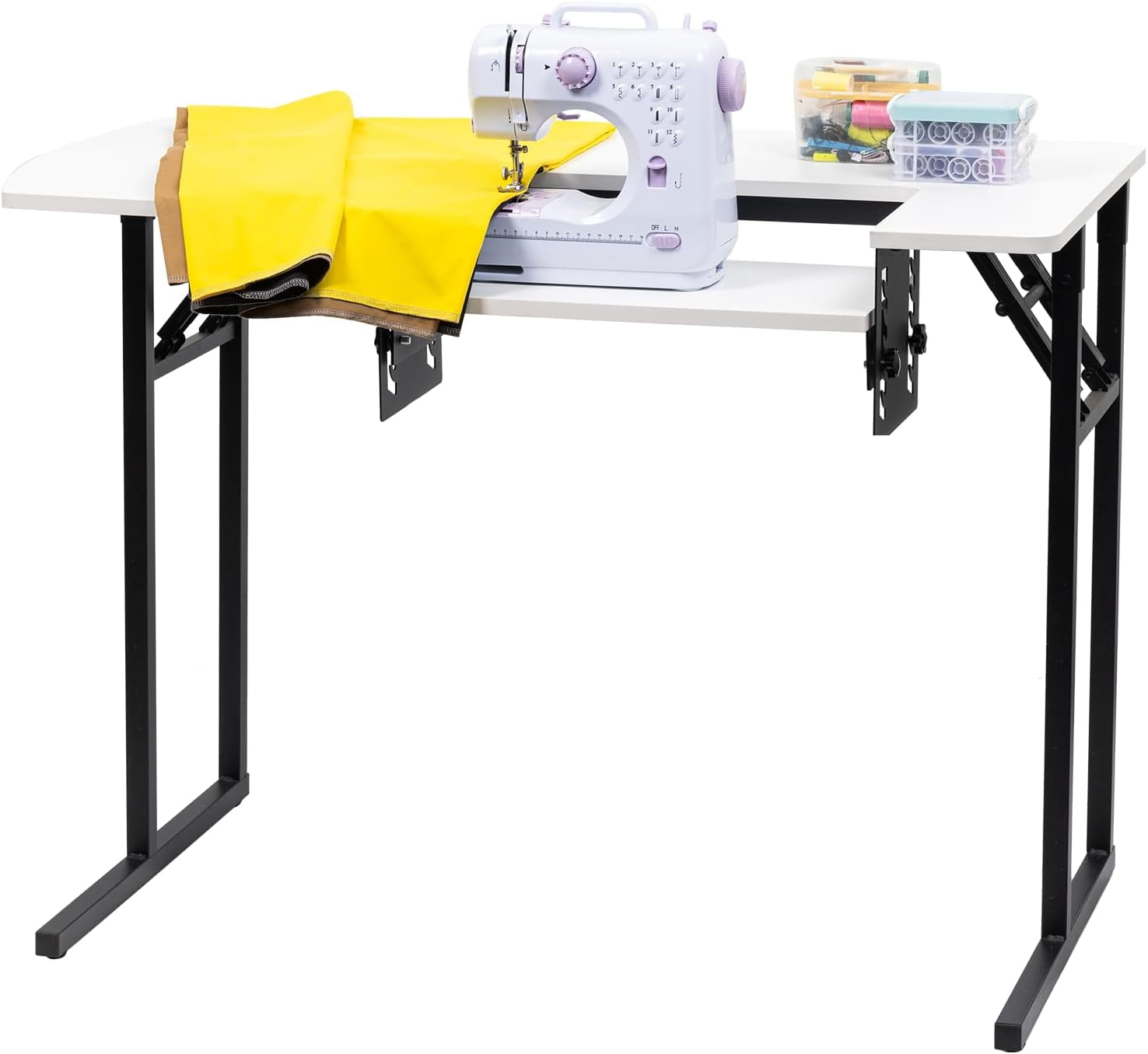 Vividwood Portable Folding Sewing Table, Multipurpose Sewing Machine Table with Adjustable Shelf (Warm White)
