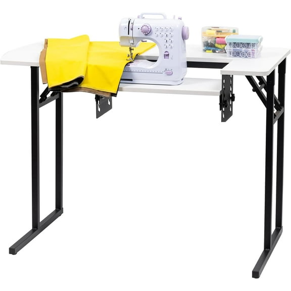 Vividwood Portable Folding Sewing Table, Multipurpose Sewing Machine Table with Adjustable Shelf (Warm White)