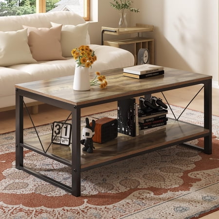 Vividwood Rectangle Coffee Table Tea Table with Storage Shelf, Farmhouse Wooden Coffe Table for Living Room Table, 40" Rustic Center Table 2-Tier Minimalist Coffee Table Easy Assembly (Natural Wood)