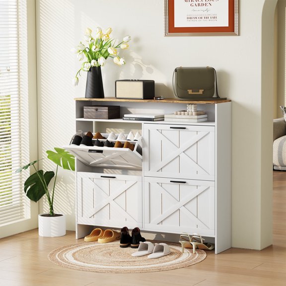 Vividwood Shoe Storage Cabinet with 4 Flip Drawers, Sturdy Anti-Tip Design Shoe Rack Cabinet for Hallway, Apartment (Grey)