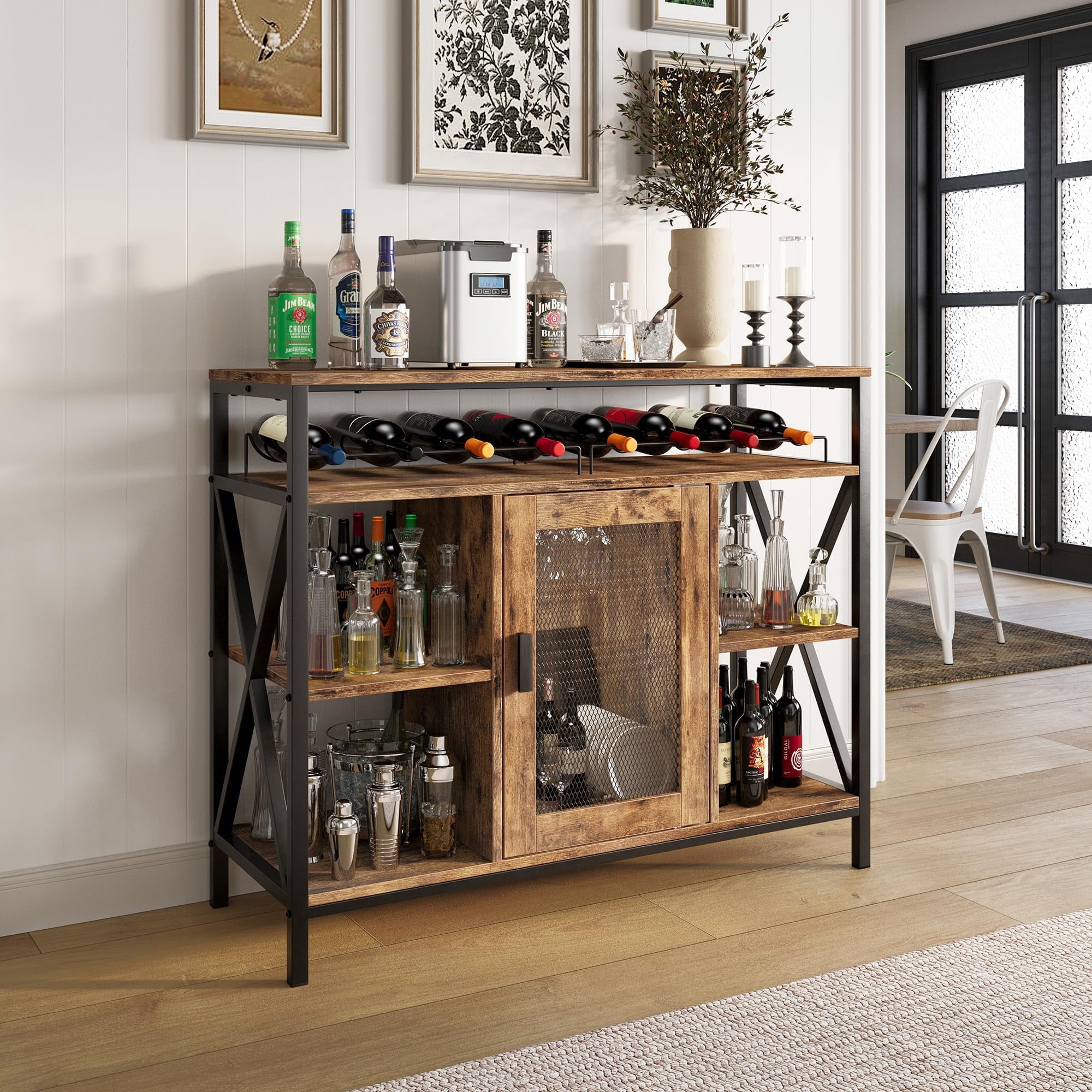 Vividwood Wine Bar Cabinet with Storage, Industrial Liquor Cabinet with Wine Rack & Glass Holder, Small Wood Metal Cart Bar Alcohol Table Sideboard Buffet for Home Kitchen Living Room, Brown