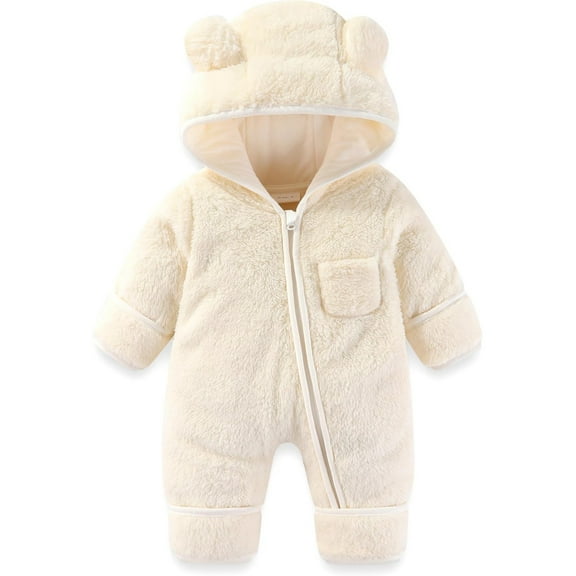 Vividxx Baby Bear Romper Onesie Suit Fold Over Mittens Footies Girls Boys Winter Snowsuit Clothes Hooded Jumpsuit Solid Color Newborn O-Neck Versatile Dailywear