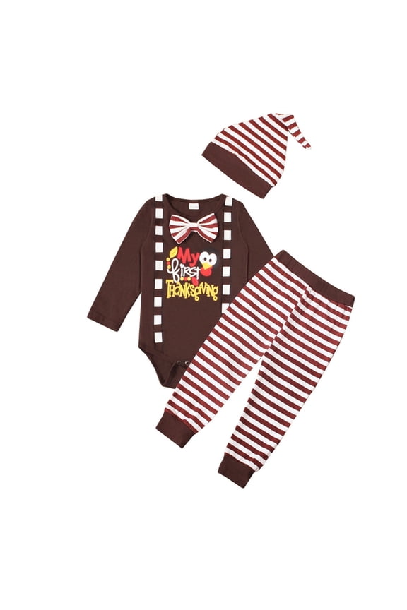 Baby Boy My First Thanksgiving Clothes Romper Turkey Print Pants Hat Set Breathable Onesie