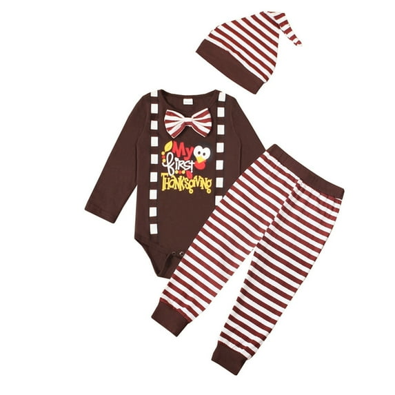Vividxx Baby Boy My First Thanksgiving Clothes Romper Turkey Print Pants Hat Set Cozy Onesie