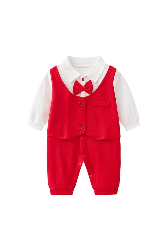 Baby Boys Gentleman Romper Jumpsuit Long Sleeve Bowtie Onesie Formal Wear Tuxedo Suit Solid Color O-Neck Lovely Dailywear