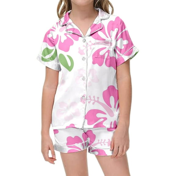 Vividxx Baby Girl Clothes 2 Piece Outfits For Girls Flower Printed Pajamas Set Silk Lapel Button Down Short Sets Cute Preppy Clothing Sets 8-9 Years