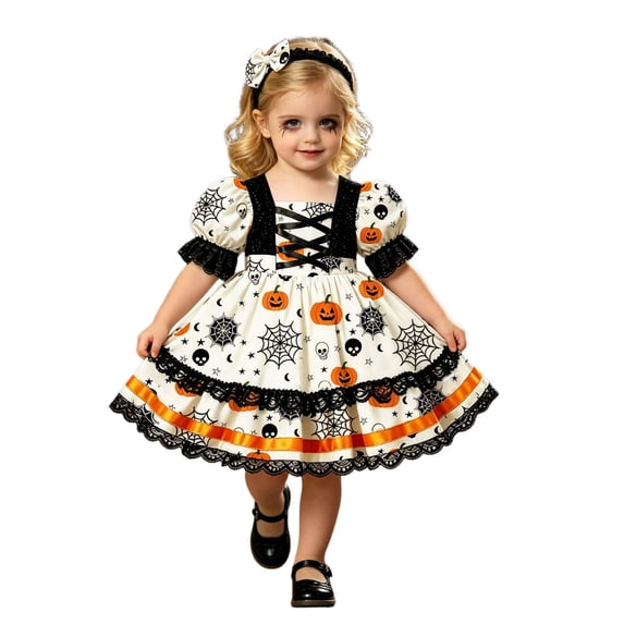 Vividxx Baby Girl Halloween Dress Cute Pumpkin Print Puff Sleeve Tutu Dress Vintage Party Outfit for Kids 6-12 Month