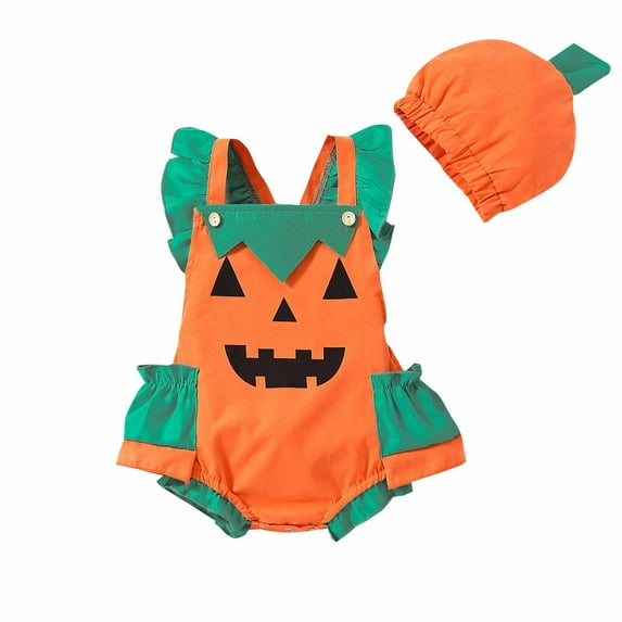 Vividxx Baby Girls Bodysuits Halloween Onesie Pumpkin Print Orange And Green Lace Trim Romper With Hat For Casual Party Wear Newborn Fashionable Dailywear