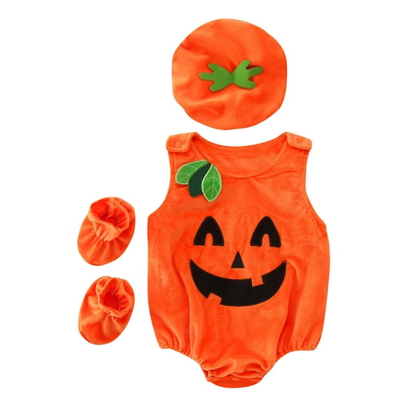 Vividxx Baby Girls Boys Halloween Sleeveless Pumpkin Romper Bodysuit Hat Socks Halloween Outfits Sets Solid Color Lovely Dailywear