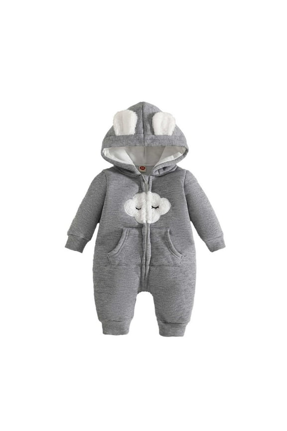 Baby Girls Long Sleeve Hooded Bodysuit Winter Cloud Embroidery Cute Zip Up Jumpsuits Outfits Sets Soft Comfortable Casual Wear Solid Color O-Neck Fashionable Dailywear