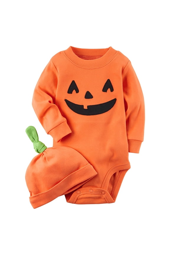 Baby Halloween Boy Girl Cute Pumpkin Romper Jumpsuit Warm Footed Halloween Onesie Solid Color Newborn O-Neck Lovely Dailywear
