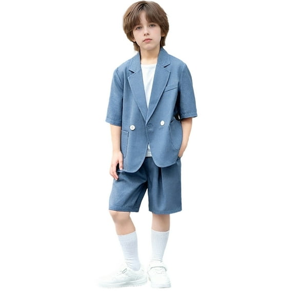 Vividxx Boys Casual Suit Sets Summer Short Sleeved Coats Blazers Suit And Shorts For Show Performance 3-16 Years Old Solid Color Toddler Birthday Outfits Sets