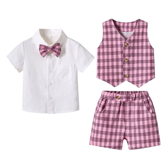 Vividxx Boys Clothes Toddler Boys Short Sleeve Shirt Tops Plaid Vest Coat Shorts Child Kids Gentleman Outfits 2-3 Years