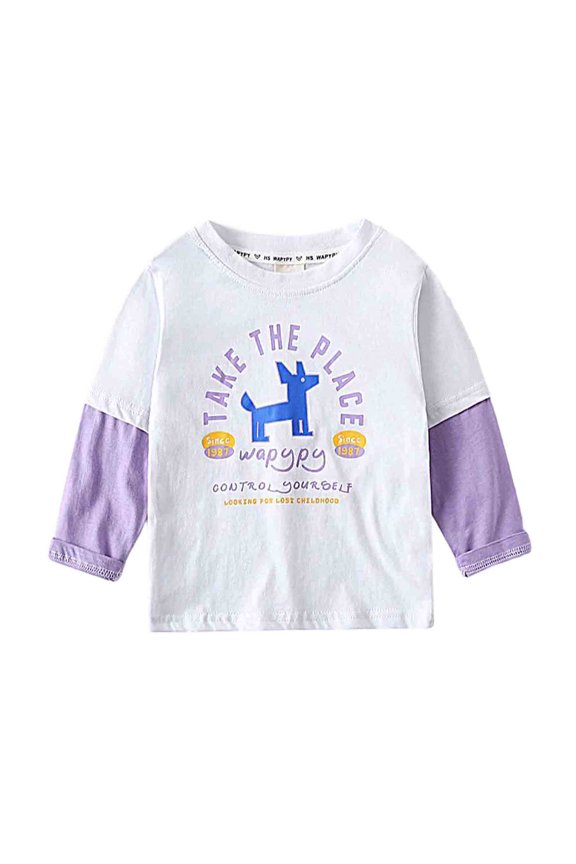 Boys Graphic Print Sleeve T-Shirt Casual Two Tone Layered Tops For Infants Kids Comfortable Everyday Wear O-Neck Leisure Dailywear