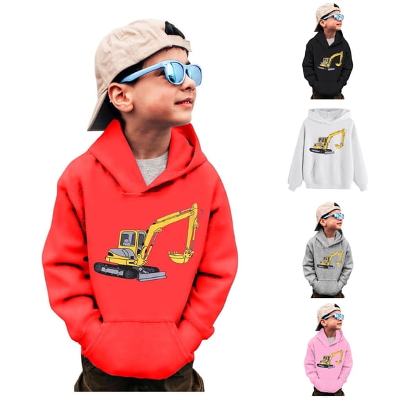 Vividxx Boys Hoodies Excavator Print Long Sleeve Hooded Sweatshirt With Pocket Pullover Tops For Fall Winter Preppy Clothes 4-5 Years