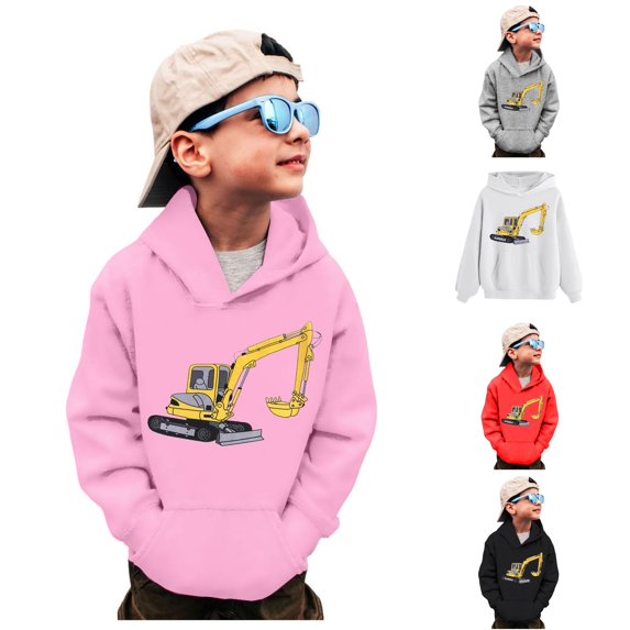 Vividxx Boys Hoodies Excavator Print Long Sleeve Hooded Sweatshirt With Pocket Pullover Tops For Fall Winter Preppy Clothes 5-6 Years