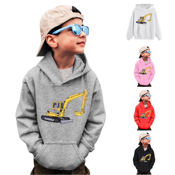 Vividxx Boys Hoodies Excavator Print Long Sleeve Hooded Sweatshirt With Pocket Pullover Tops For Fall Winter Streetwear 3-4 Years
