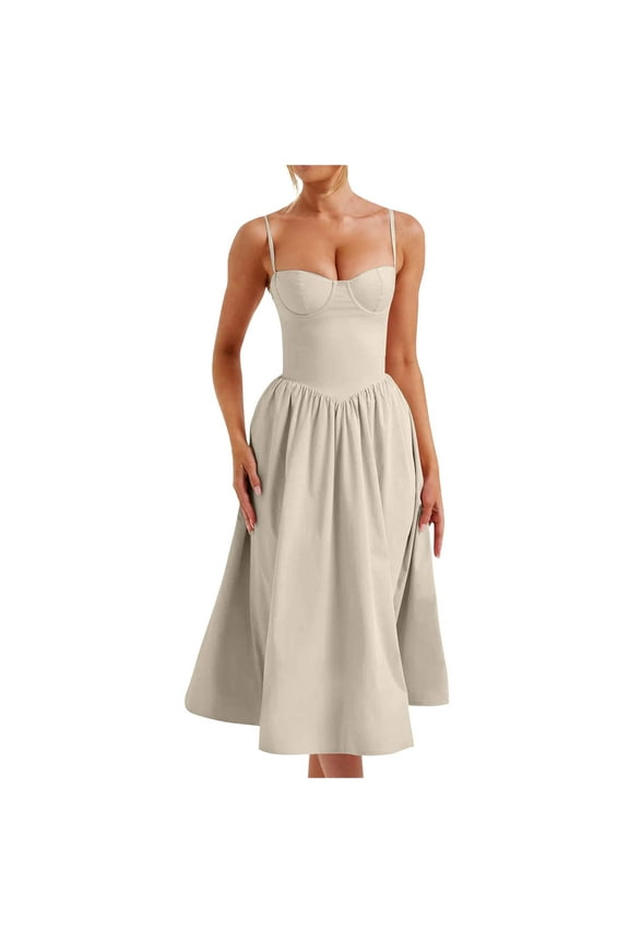 Corset Dress For Women Strap Bustier Midi Dresses Flowy Pleated Hem Corset Solid Color Fashion Clothing