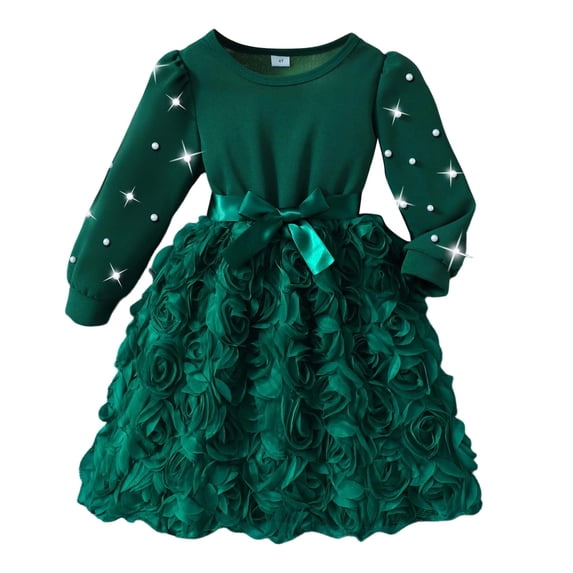Vividxx Dress For Girls Long Sleeve Dress With 3D Floral Pearl Elegant Solid Color Party Dress For Toddler And Kids 3-4 Years