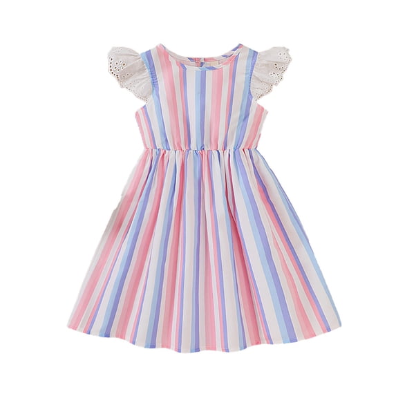 Vividxx Dress For Girls Summer Dresses Casual Sleeveless Floral Print Lace Trim Colorful Stripe For Toddler Kids Years Outdoor Play School Daily Wear 5-6 Years