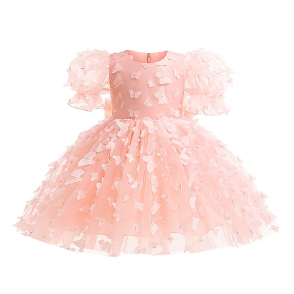 Vividxx Dresses For Girls Child Girls Summer Puff Sleeves Tulle Dress Butterfly Pattern Bow Knot Princess Dress Gown Dress Classic