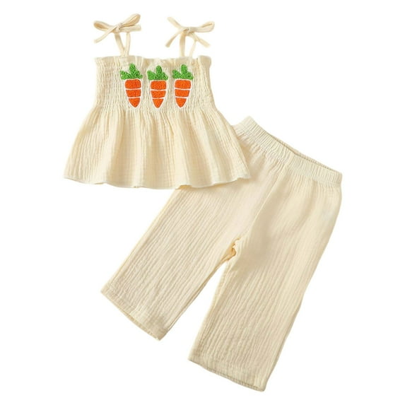 Vividxx Easter Girl Outfit Bunny 2 Piece Outfit Set Towel Embroidery Sleeveless Top & Soft Pants For Spring Summer Lovely Outfits For Girls