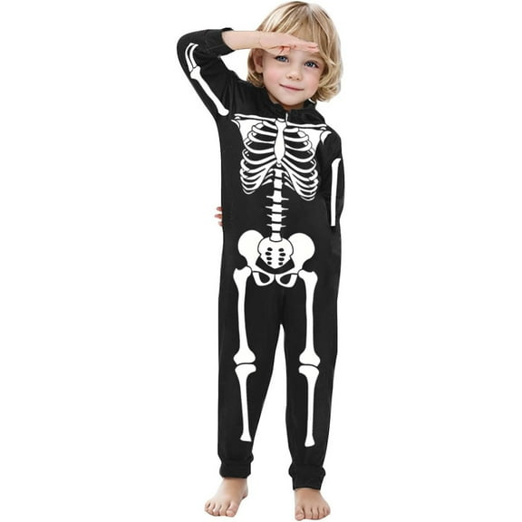 Vividxx Family Matching Halloween Onesie Pajamas Boys Girls Halloween Parent Child Outfit White Skeleton Hooded Zipper Home Jumpsuit For Kids Fashion 3-4 Years