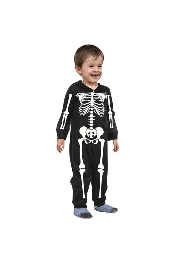 Family Matching Halloween Onesie Pajamas Infant Boys Girls Halloween Parent Child Outfit White Skeleton Hooded Zipper Home Jumpsuit For Baby Party 18M