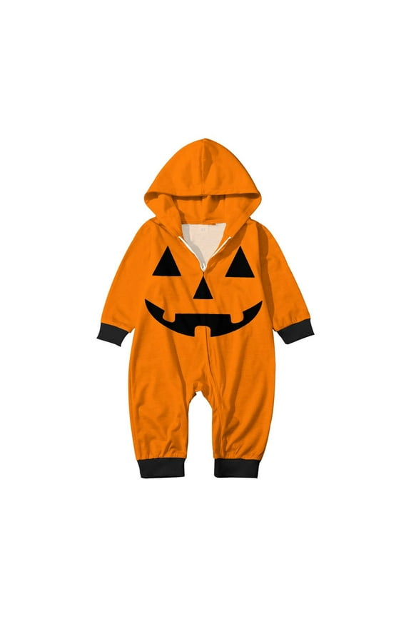 Family Matching Halloween Onesie Pajamas Boys Girls Halloween Parent Child Printed Hooded Zipper Home Jumpsuit Halloween Pumpkin Pajamas For Baby 6-9 Months