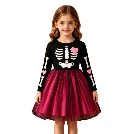 Vividxx Girl Halloween Dress Long Sleeve Skeleton Heart Print Mesh Dress Cute Party Casual Outfit 7-8 Years