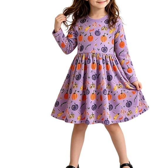 Vividxx Girl Halloween Dress Pumpkin Print Dress Kids Long Sleeve Party Dress Toddler Fall Party Casual Outfit 7-8 Years