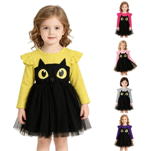 Vividxx Girl Halloween Dress Toddler Long Sleeve Cartoon Print Mesh Tutu Dress Party Outfit for Kids 5-6 Years