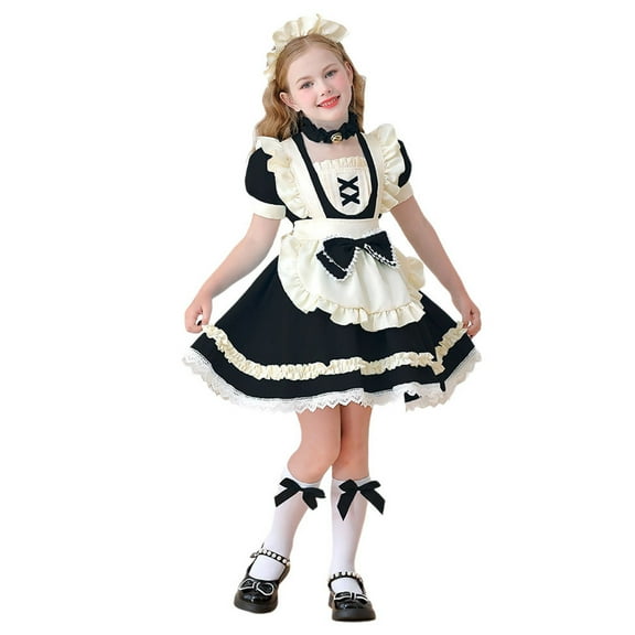 Vividxx Girls Casual Dress Girl For Outdoor Party Floral Print Headband Apron Dress Set With Black Bow Necklace Accessories 7-8 Years